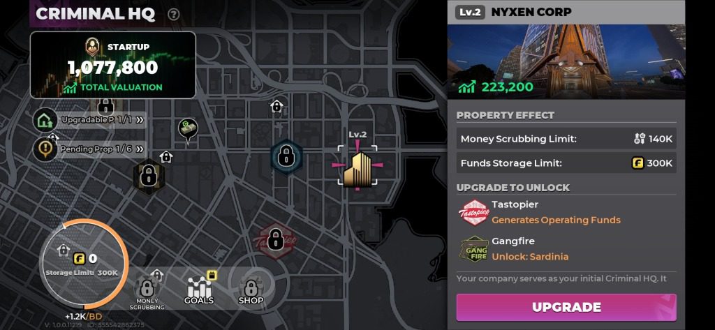 Gangstar Mirage City Criminal HQ company upgrade screen