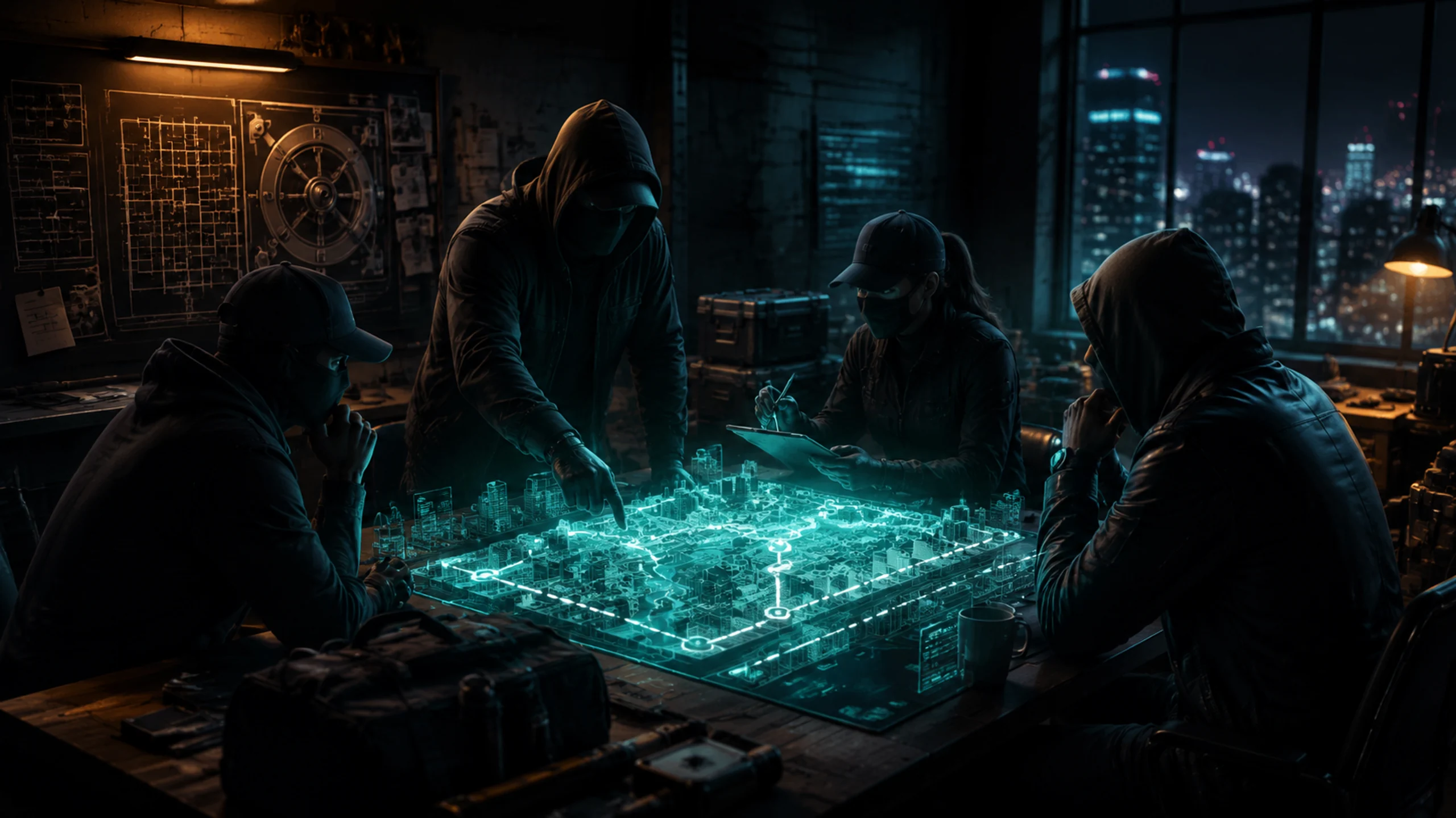 Original editorial illustration of a four-person crew planning an urban heist