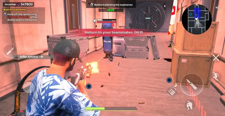 Gangstar Mirage City team combat mission with mini-map and mobile controls