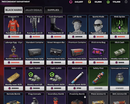 Gangstar Mirage City Black Market showing Cash and Dirty Money prices