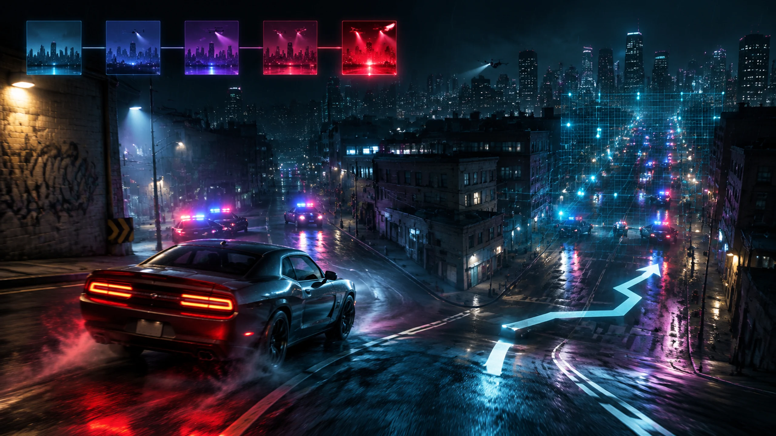 Original editorial illustration of a night-city police pursuit and escape route